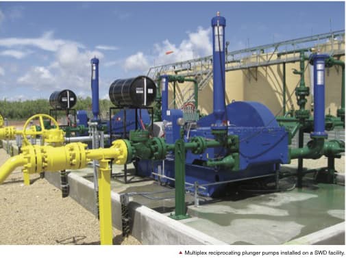 Multiplex reciprocating plunger pumps installed on a SWD facility.