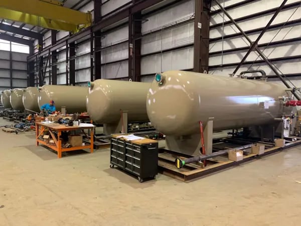 Photo of horizontal 3-phase separator packaged with measurement equipment at DistributionNOW U.S. Process Facility in Tomball, TX. 