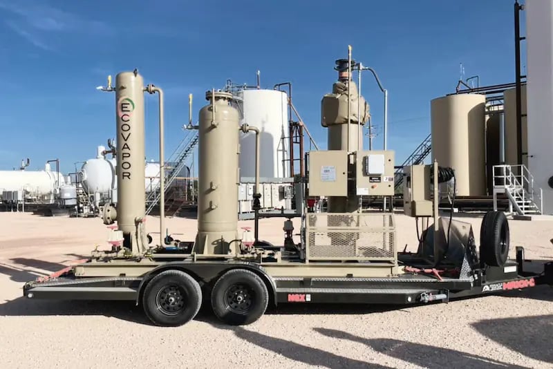 Image shows EcoVapor's MobileZerO™ trailer-mounted gas treating system that eliminates flaring and other routine oilfield emission problems.