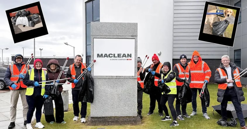 The MacLean team is pictured outside the Aberdeen office wearing hi-vis safety vests and holding litter pickers for our clean-up event