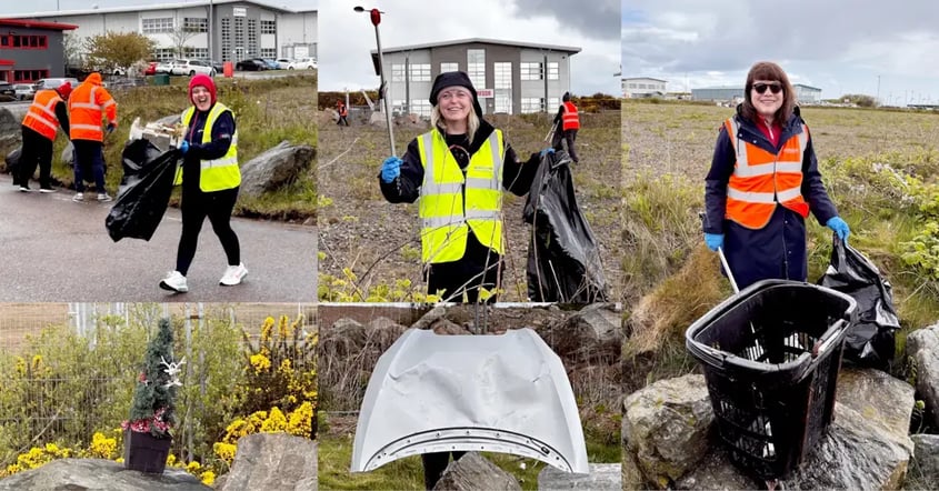 The MacLean team is pictured collecting litter, including a miniature Christmas tree, a car bonnet and a shopping basket