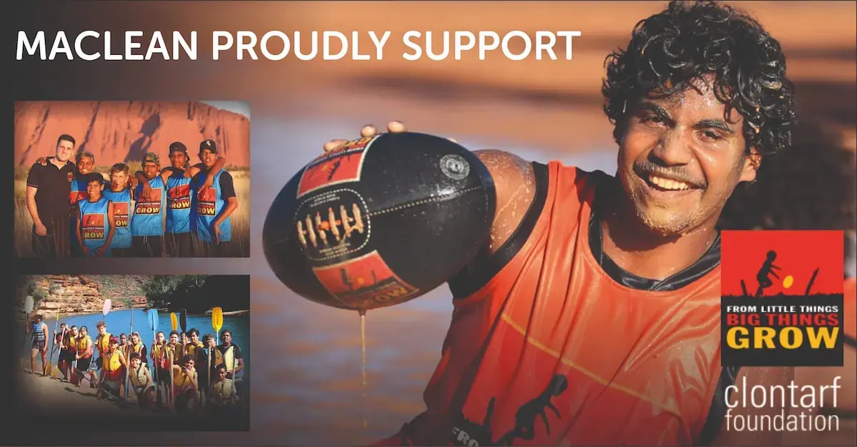 Smiling young Aboriginal athlete holding a Clontarf-branded football, with MacLean International supporting Clontarf Foundation’s youth education and community programs in Australia.