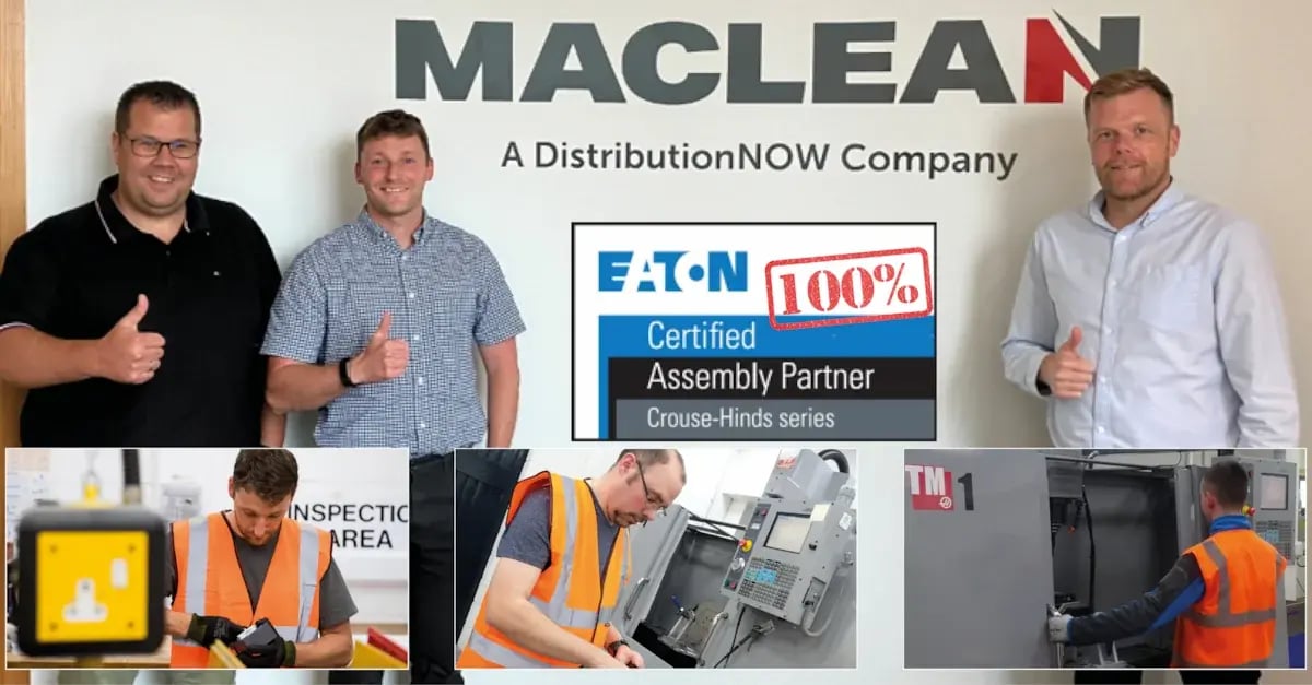 MacLean Intl team celebrates 100% pass rate in Eaton CAP audit, showing workshop employees working on hazardous area product modifications.