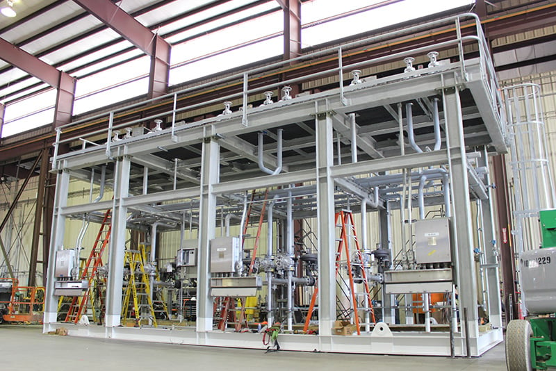 Gas conditioning unit in modular skid package by Power Service, a DNOW company, at the DNOW U.S. Process Solutions facility.