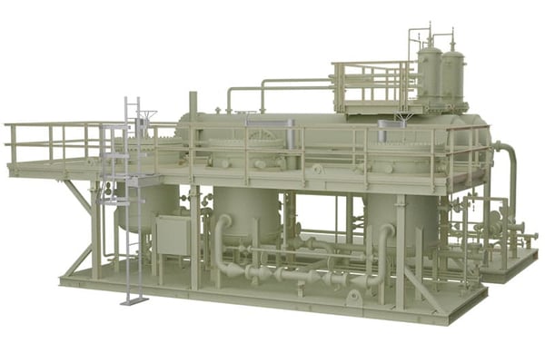 A rendering of two vertical separators on a separation system platform used to remove liquid, gas, and/or sand from industrial process streams.