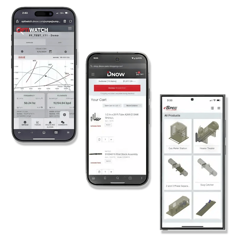 Three smartphones display DNOW apps: first with DNOW eCommerce, second with DNOW eSpec and third with DNOW PVF mobile app.