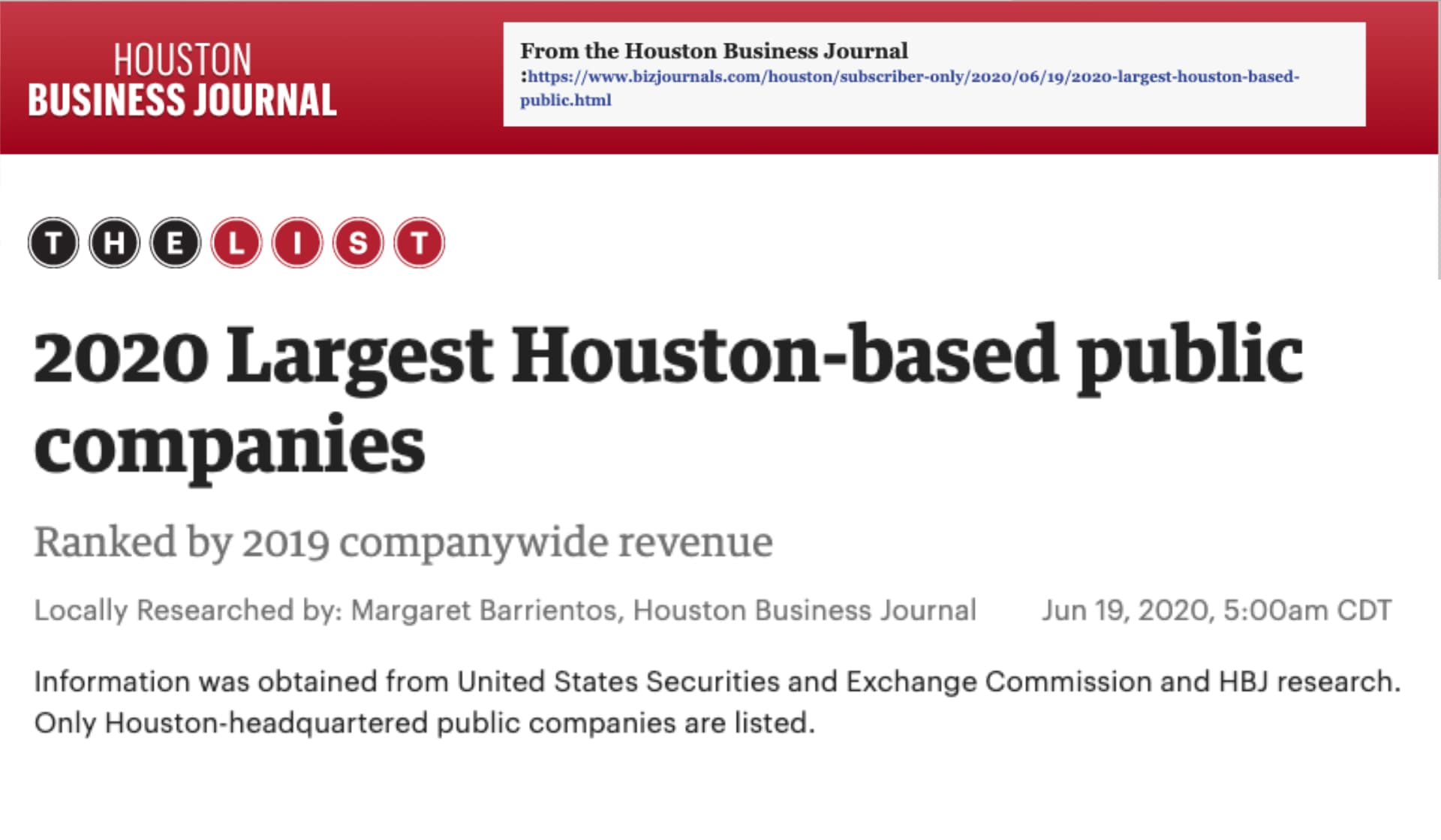 NOW Inc. Ranks on HBJ's 2020 Largest Houston-based Public Companies