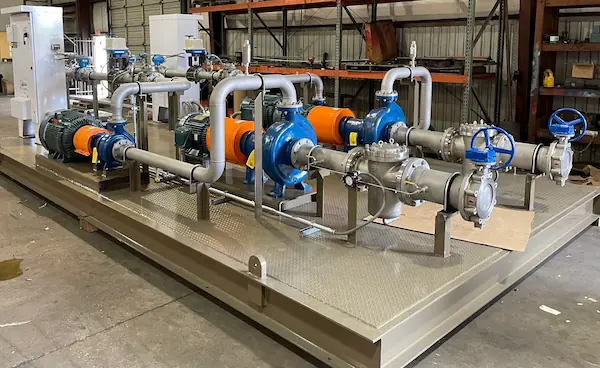 Photo of produced water skids built at Tomball, TX's DistributionNOW U.S. Process Solutions facility.