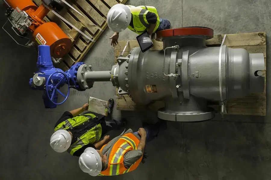 Image of workers wearing high-visibility safety vests and working on an industrial valve. The viewpoint is from above the workers and the valve. There is an orange valve actuator in the top-left corner of the image.