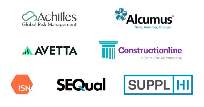 Key industry assurance platform logos - MacLean is individually reviewed by and validated by Achilles Global Risk Management, Alcumus, Avetta, Contructionline, ISNetworld, SEQual and SupplHi.