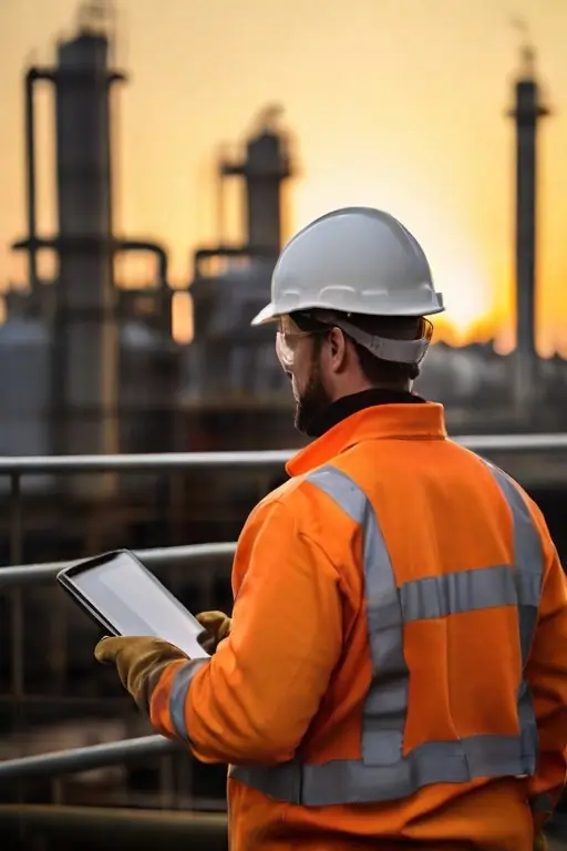 DNOW worker with iPad analyzes customer's project request to optimize operations at customer's oil refinery