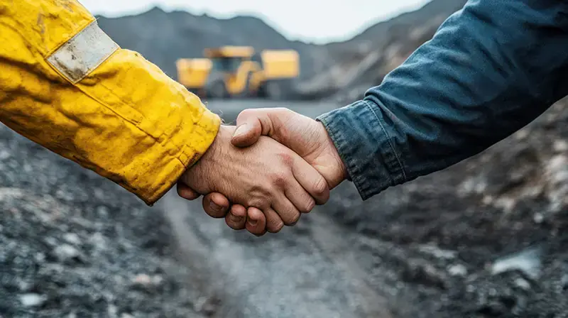 Closeup of 2 workers' arms handshaking. A surface mining site can be seen in the background. Closeup of 2 workers' arms handshaking. A surface mining site can be seen in the background.
