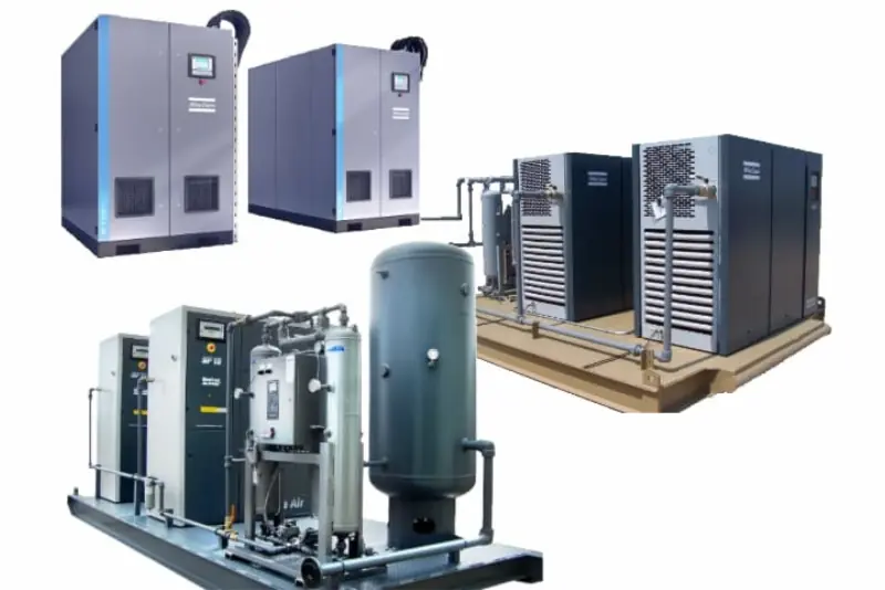Photo showing a selection of DNOW industrial air compressors, blowers & dryers that meet your needs in terms of volume, pressure, flow & dew point.