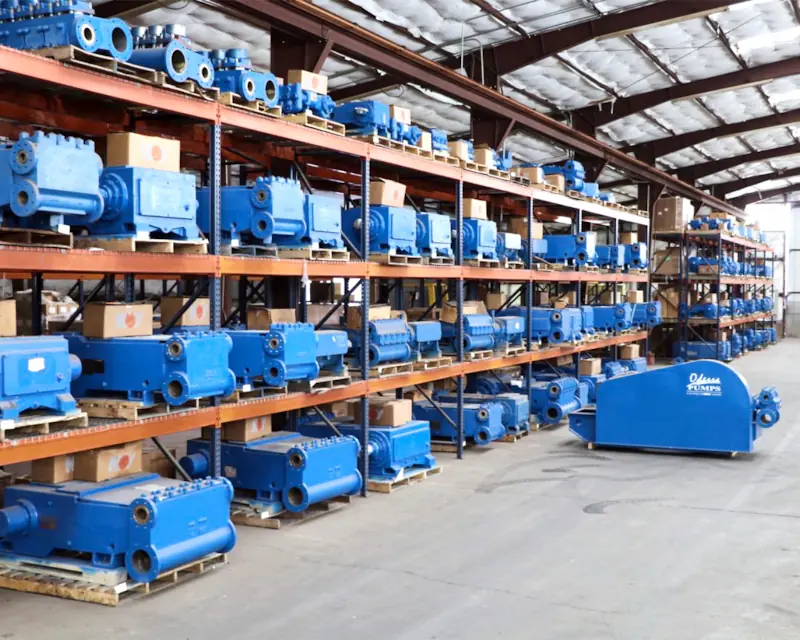 Photo showing an inventory of reciprocating pump offerings of National™, Oilwell™, Wheatley™, GASO™, Bear™ and MSW™ reciprocating pump products.