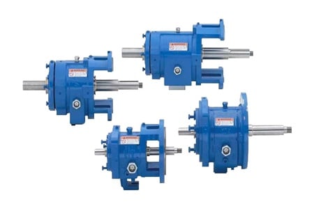 Image shows four power end pumps that DNOW can replace the mechanical seal, thrust chamber and power end replacements.