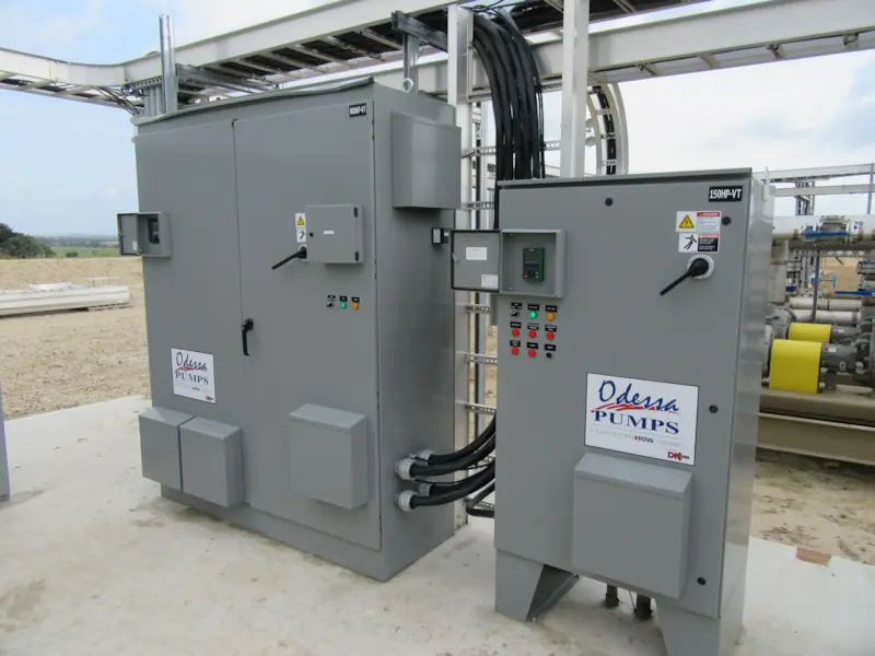 Photo of Odessa Pumps, a DistributionNOW company, Variable Frequency Drive (VFD) control system for positive displacement pumps.