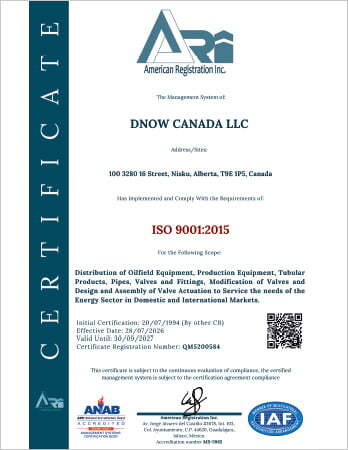 Certificate to ISO 9001:2015 standards for Nisku, AB